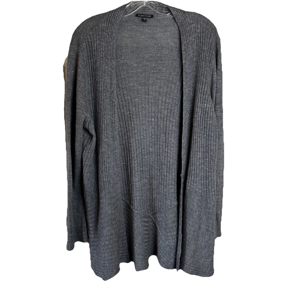 NWOT Eileen Fisher Large Gray Wool‎ Linen Silk Blend Cardigan Sweater 121938